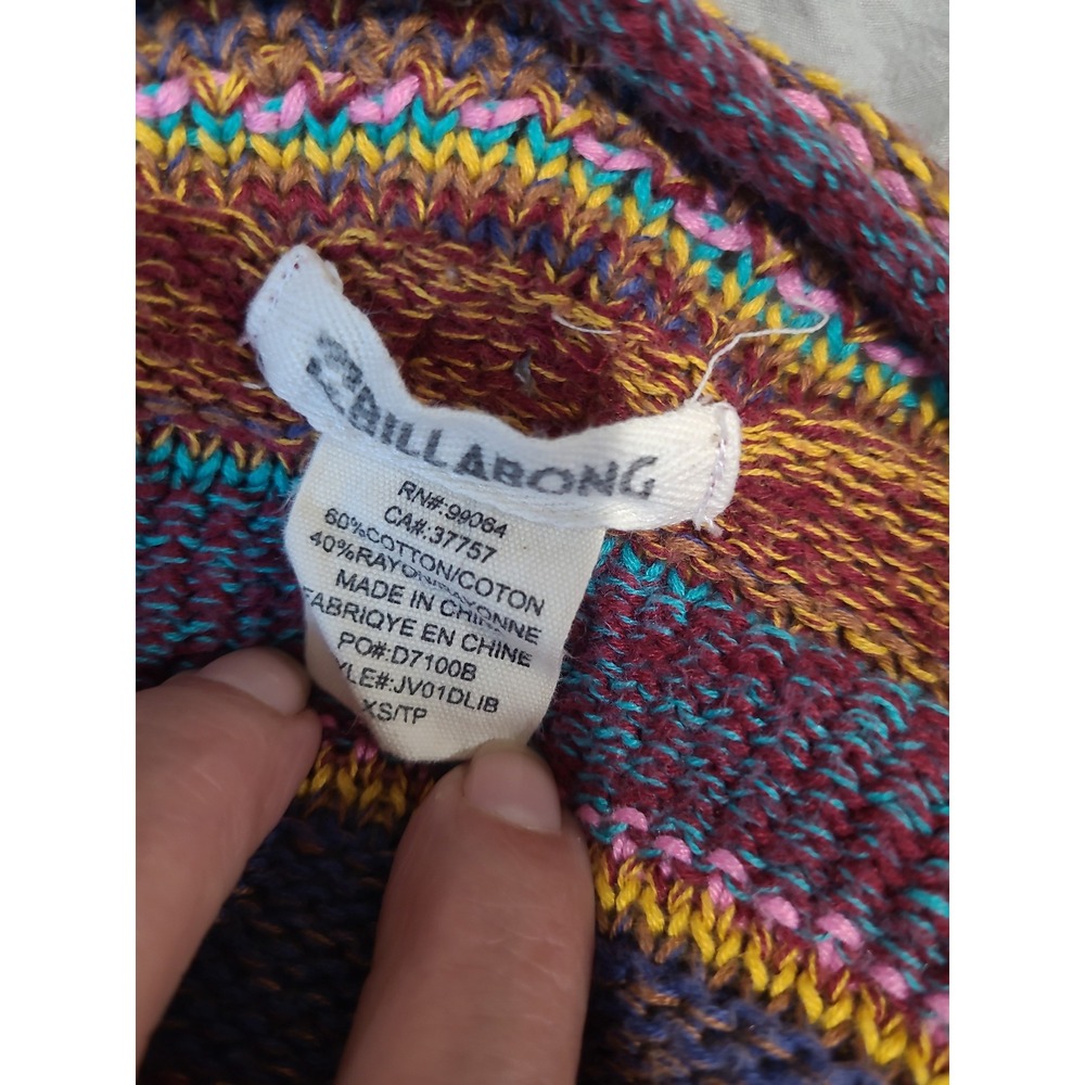 Billabong Listen Up multi color Cotton blend open front cardigan Women SZ XS - Picture 6 of 10